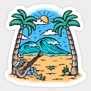 Cartoon Skeleton Playing Guitar on the Beach Sticker